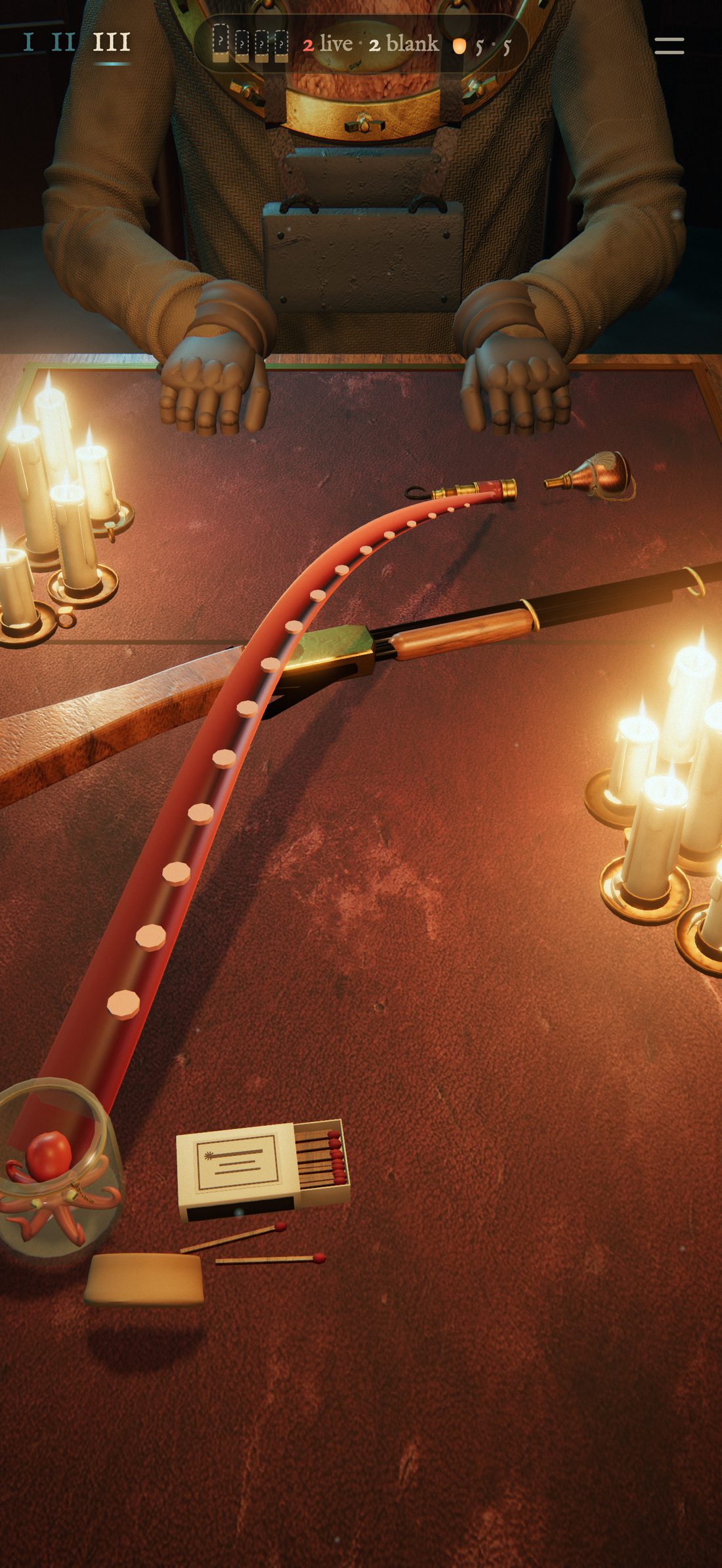 An octopus arm reaches across the table for one of his items